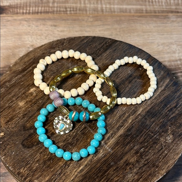 Turquoise and Cream Beaded Bracelet Set - Picture 3 of 5